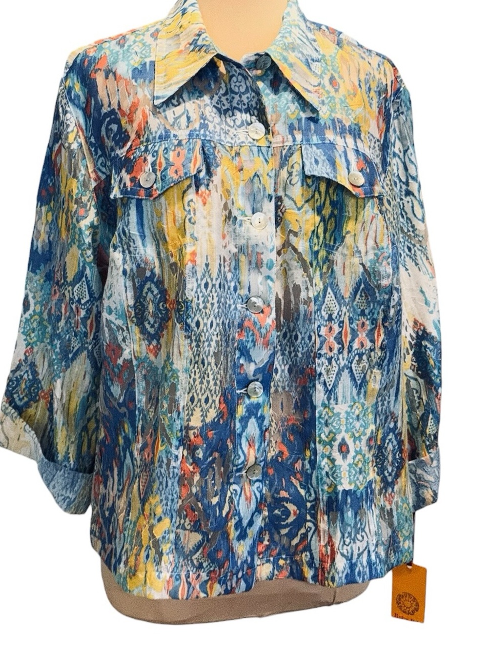 Ruby Rd. Jacket style abstract boho watercolor print top blouse blue yellow 16W